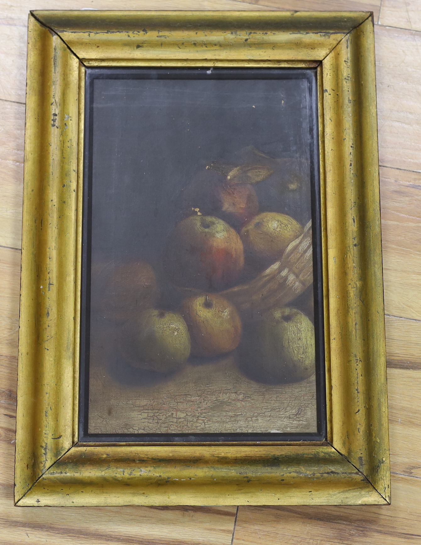 20th century School, oil on canvas, Still life of apples, 37 x 22cm